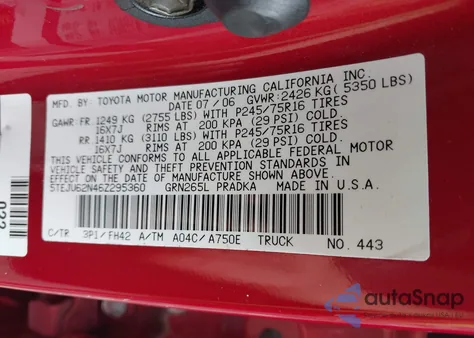 2006 Toyota Tacoma Prerunner V6 из США, поврежденный, VIN 5TEJU62N46Z295360